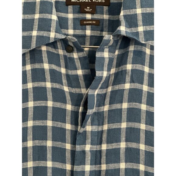 Michael Kors Men's Classic Fit Linen Shirt Blue Check Long Sleeve Button Up - Picture 8 of 16